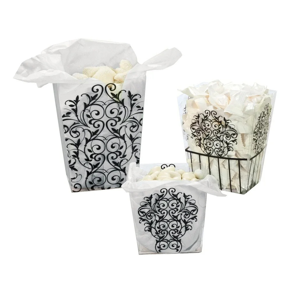 6 Clear Plastic Damask Favor Boxes Black Scroll Wedding Party Candy Containers